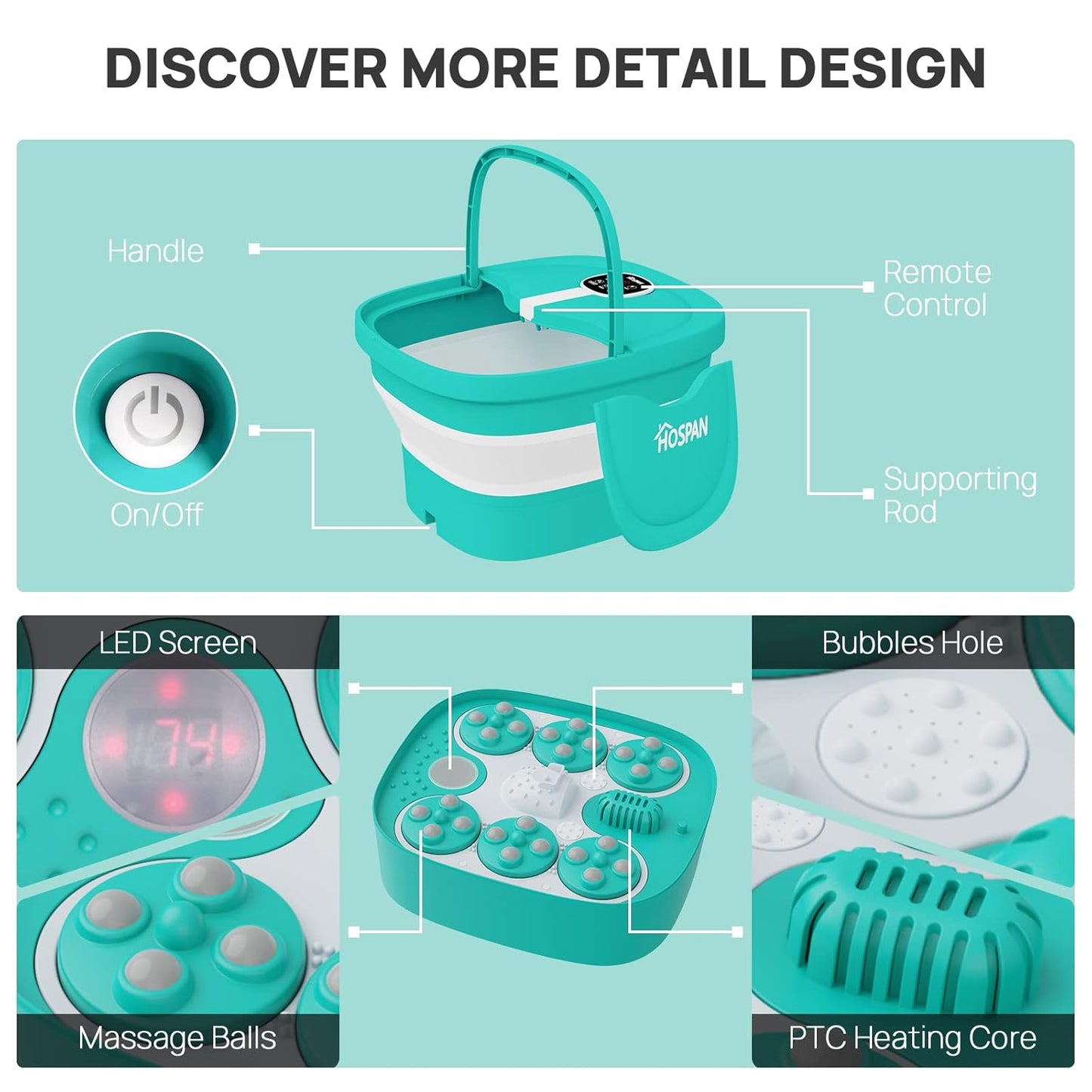 HOSPAN Collapsible Foot Spa Electric Rotary Massage, Foot Bath with Heat, Bubble, Remote, and 24 Motorized Shiatsu Massage Balls. Pedicure Foot Spa for Feet Stress Relief