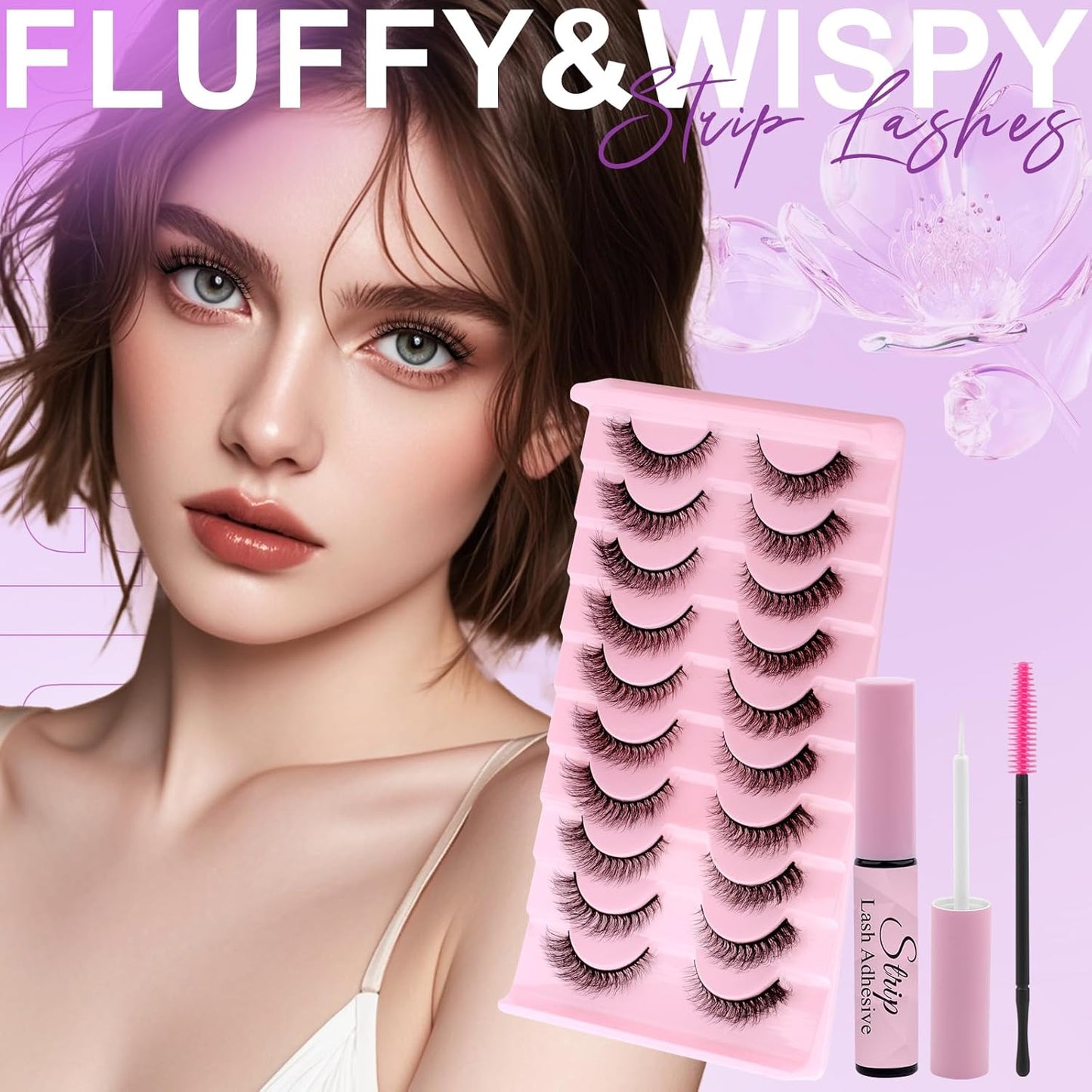 Strip Lash with Glue for DIY Lash-users: 10 Pairs, DIY, Natural Look, Fluffy, Manga, Wispy, Waterproof, Anime, Cat Eye, D Curl, XH03