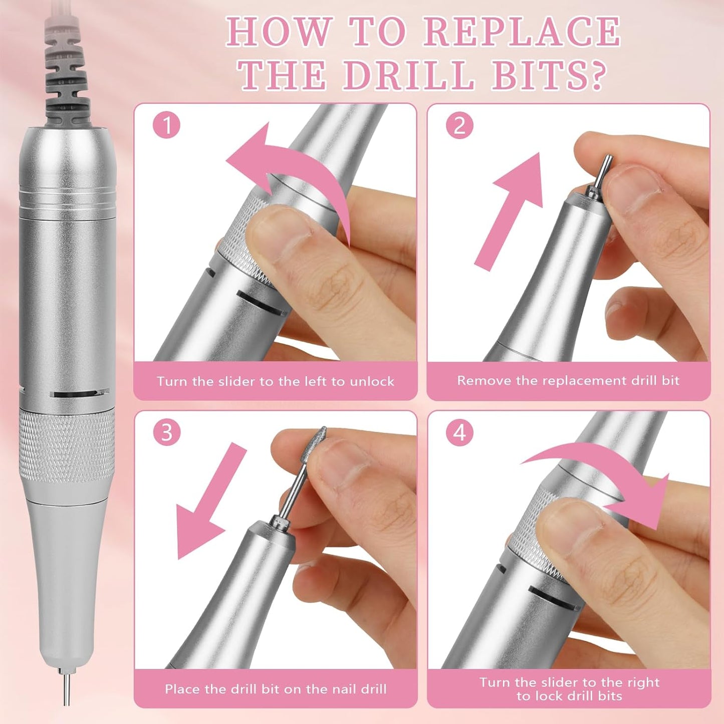 Electric Nail File Professional Kit - 45000RPM Portable Nail Drill Electric File with 11 Bits & Base丨LED Screen丨Ultra-Silent, Rechargeable Nail Drills Machine for Acrylic Nails Gel Polishing (Pink)