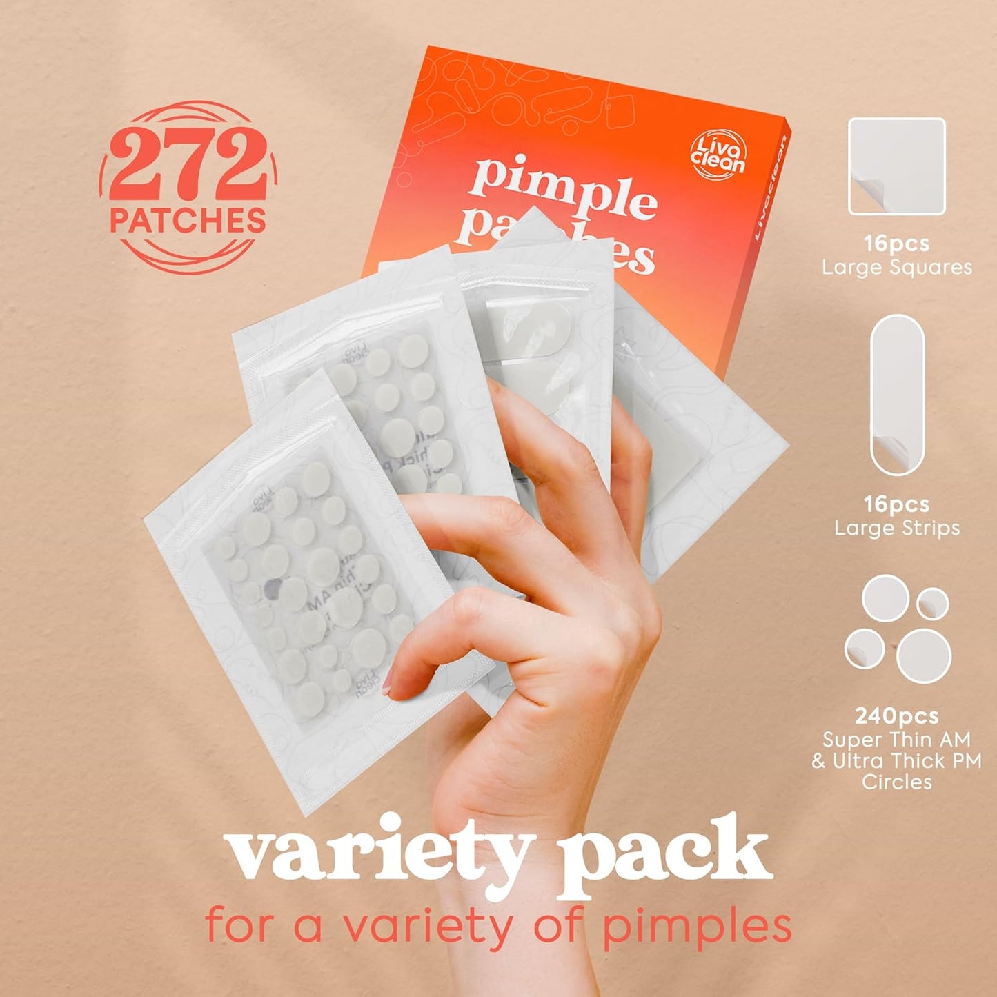 LivaClean 272 CT Pimple Patches Variety Pack Hydrocolloid Patches - Acne Patch XL, Large Pimple Dressing for Face Acne Patch XL