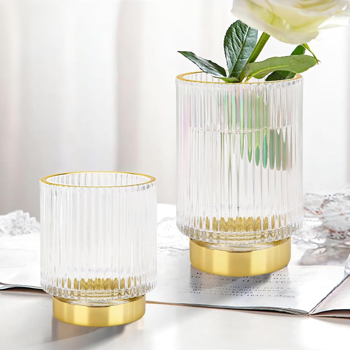 DASITON Makeup Brush holder Organizer,Crystal Cosmetic Makeup Brush Glass Brushes Storage Holder, Vintage Make Up Brush Cup Pen Pencil Holder striped vase(Clear L)