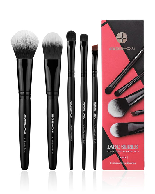 EIGSHOW 5Pcs Everyday Makeup Brush Set for Foundation Powder Eyeshadow Eyeliner, Vegan & Cruelty-Free, Travel Basic Make Up Brushes Kit for Women - Black