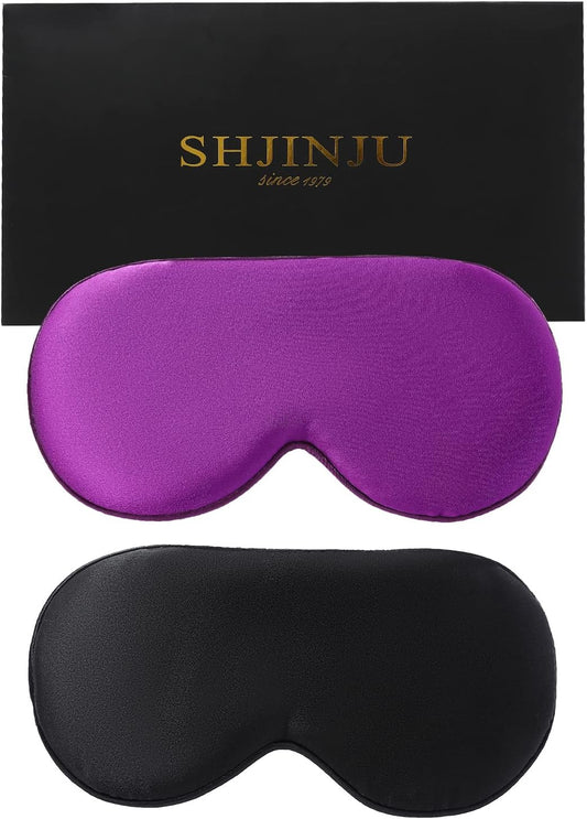 2-Pack 100% Real Natural Silk Eye Mask, Silk Sleeping Mask, Shade Puffy Eye Gift with Adjustable Straps, Sleep Eye Mask, SHJINJU Eye Mask Shade (Black and Purple)
