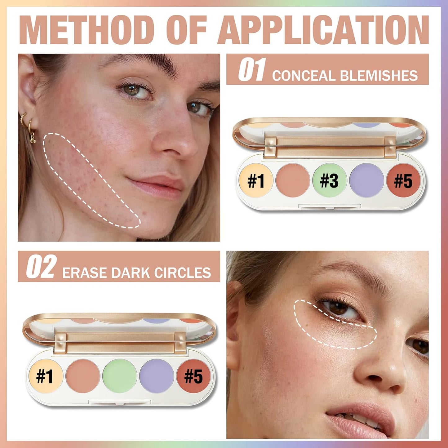 FOCALLURE #GoldenAge 5 in 1 Multi Uses Concealer Palette, 5 Colors Correcting Conceal Palette, Camouflage Contour Palettes for Dark Circles, Face Contouring Highlighter Pallet, CC02 COLOUR CORRECTING