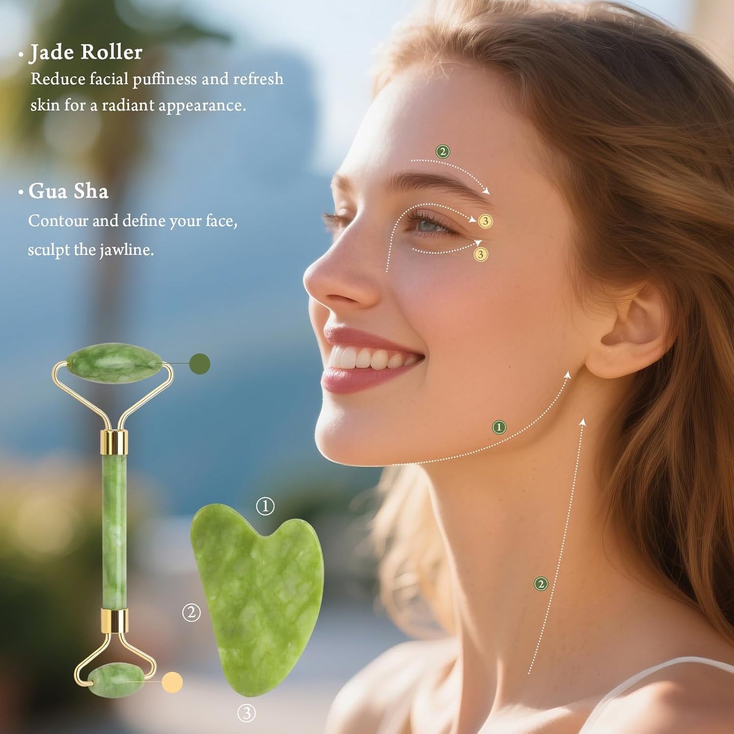 Real Perfection Gua Sha Facial Tools Face Roller for Wrinkles Jade Roller and Gua Sha Set, Scrubber Pore Brush Headband Skin Care Tools for Travel Skincare Routine Massaging Reducing Puffiness - Green