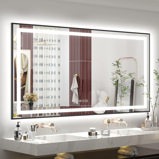 OKPAL 66x40 LED Bathroom Mirror with Lights, Frontlit & Backlit Lighted Bathroom Mirror, Black Lighted Vanity Mirror, Anti-Fog, Dimmable 3 Colors, Shatterproof, Horizontal/Vertical