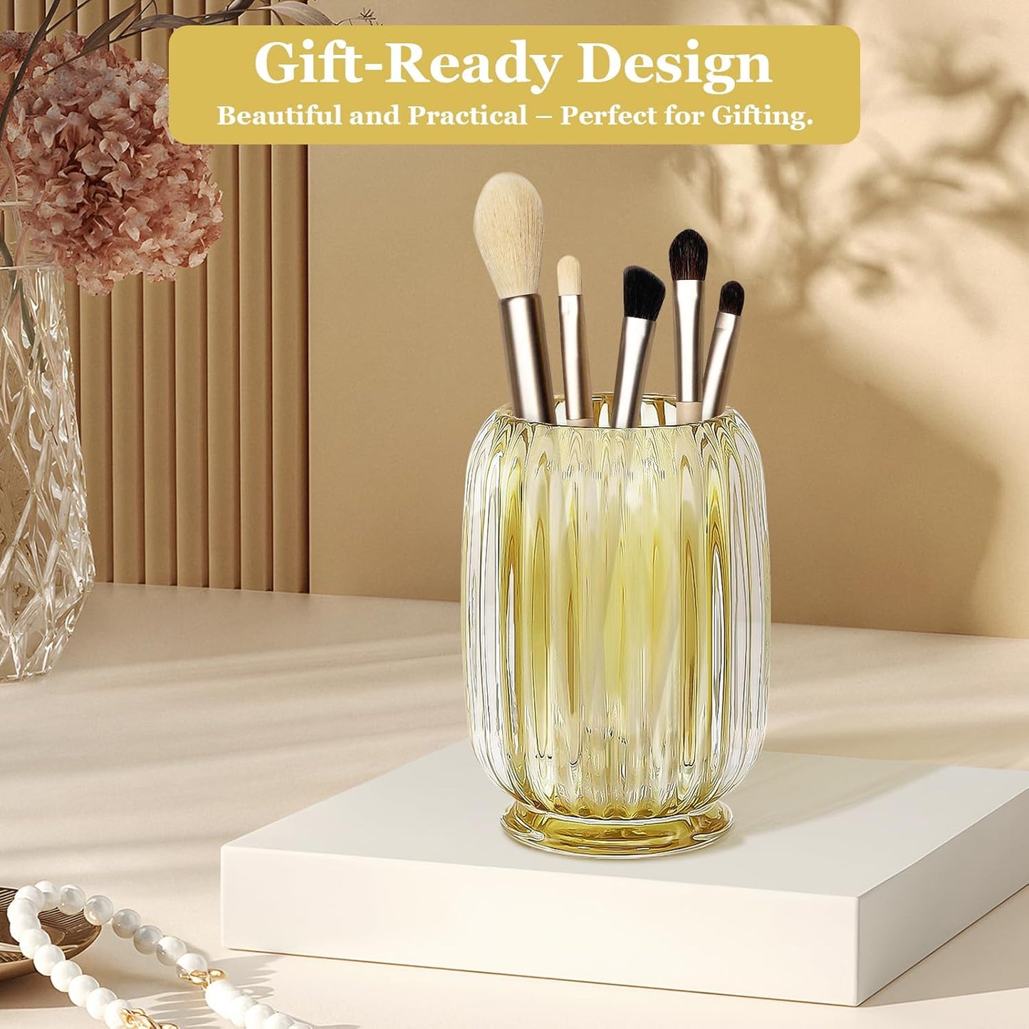 Makeup Brush Holder, Thick Glass Makeup Brush Organizer Cup, 4.8" Tall for Vanity Hair Brush Holder Brushes Storage, Makeup Brush Holder Organizer organizador de brochas de maquillaje Crystal Amber