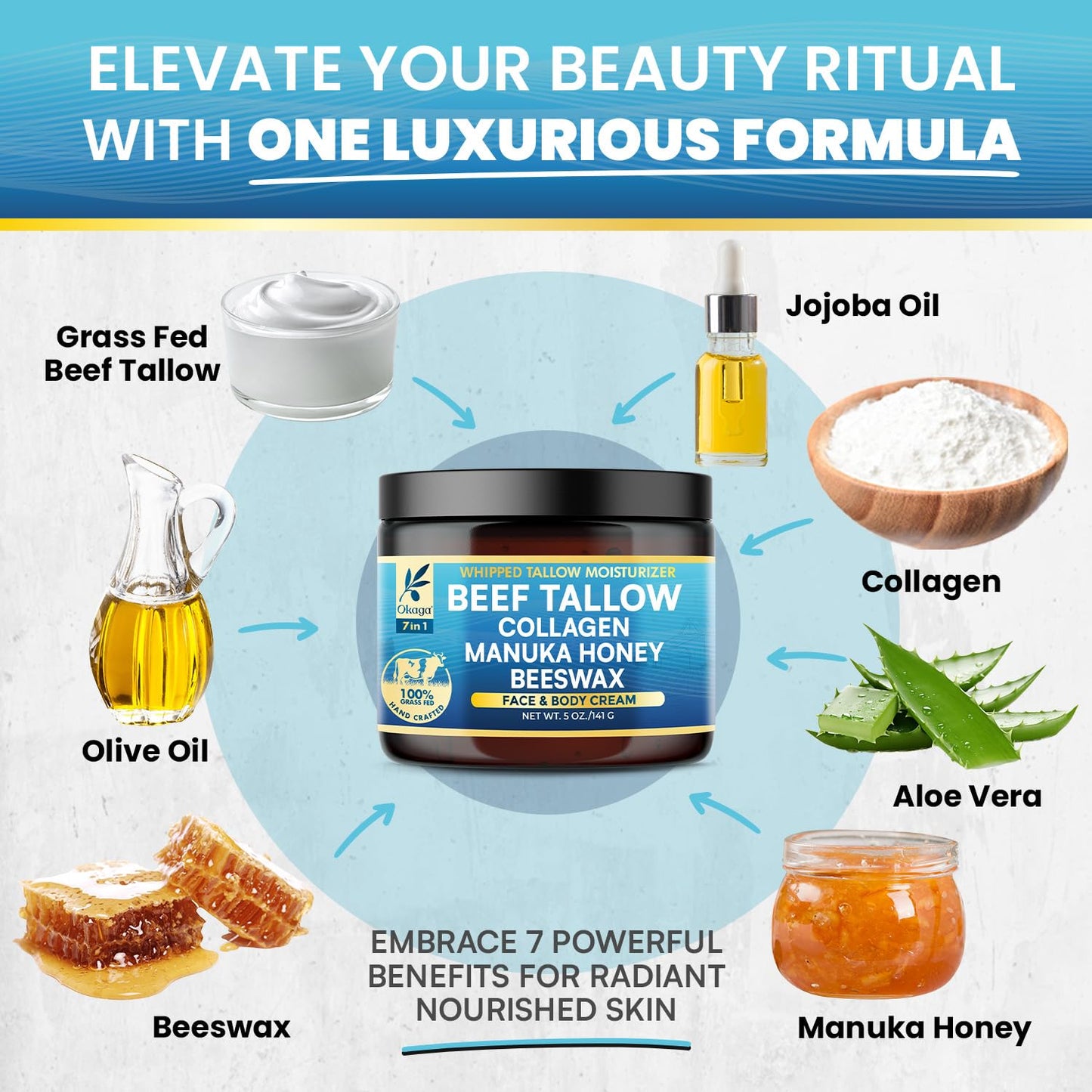 Organic Beef Tallow for Skin, Organic Grass-Fed Beef Tallow Balm with Manuka Honey, Aloe Vera, Jojoba Oil, Collagen & Beeswax, Olive Oil, Moisturizer for Dry Skin, Nourishes Face, Body & Lips (3 Pack)