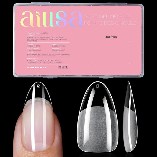 AILLSA Medium Almond Nail Tips - 450pcs Thickened False Nail Tips Half Matte Nails Tips, Fake Nails Nail Extension for Manicure