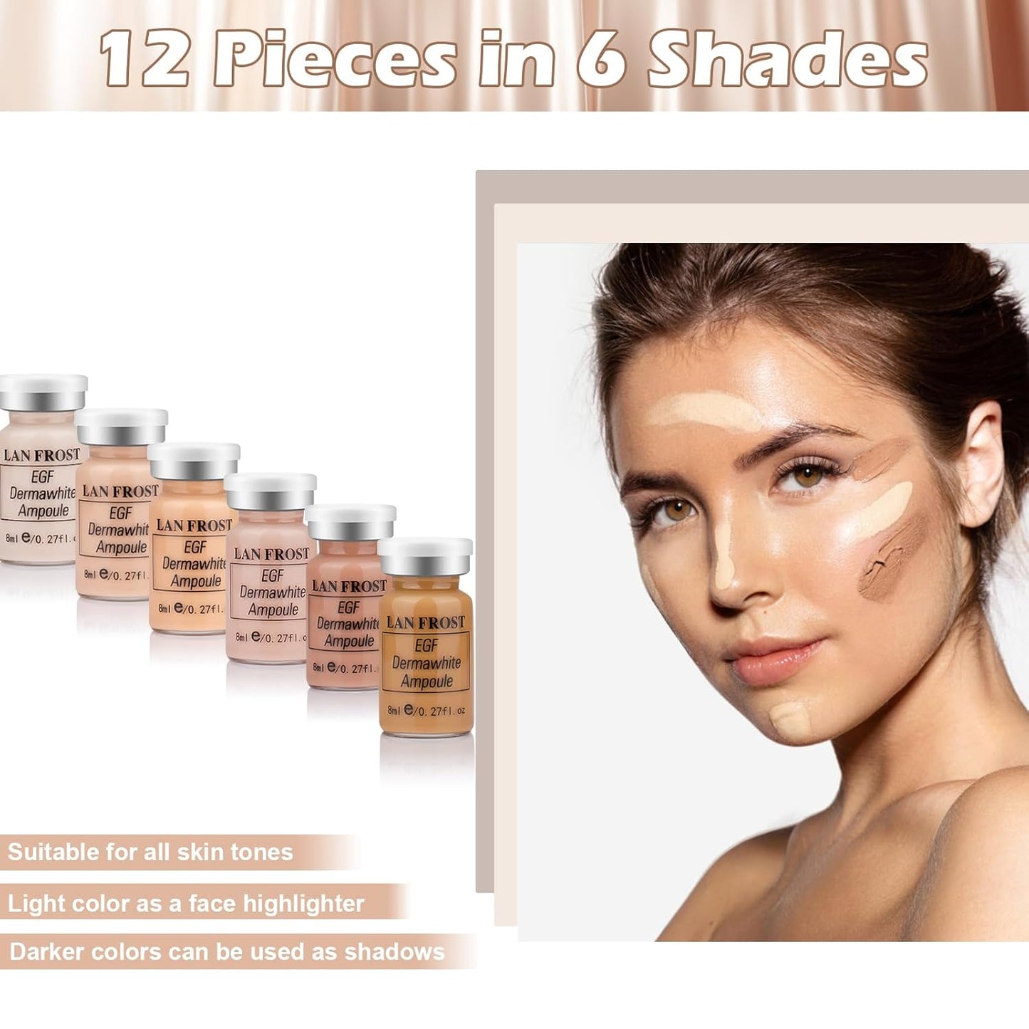 BB Facial Glow Serum Starter Kit Hyaluronic Acid Essence Foundation Skin Care Kit 0.27oz 6 Vials, Combined With Niacinamide and Peptides To Brighten Skin Tone Anti-Aging Foundation 6-Color(Multicolo)