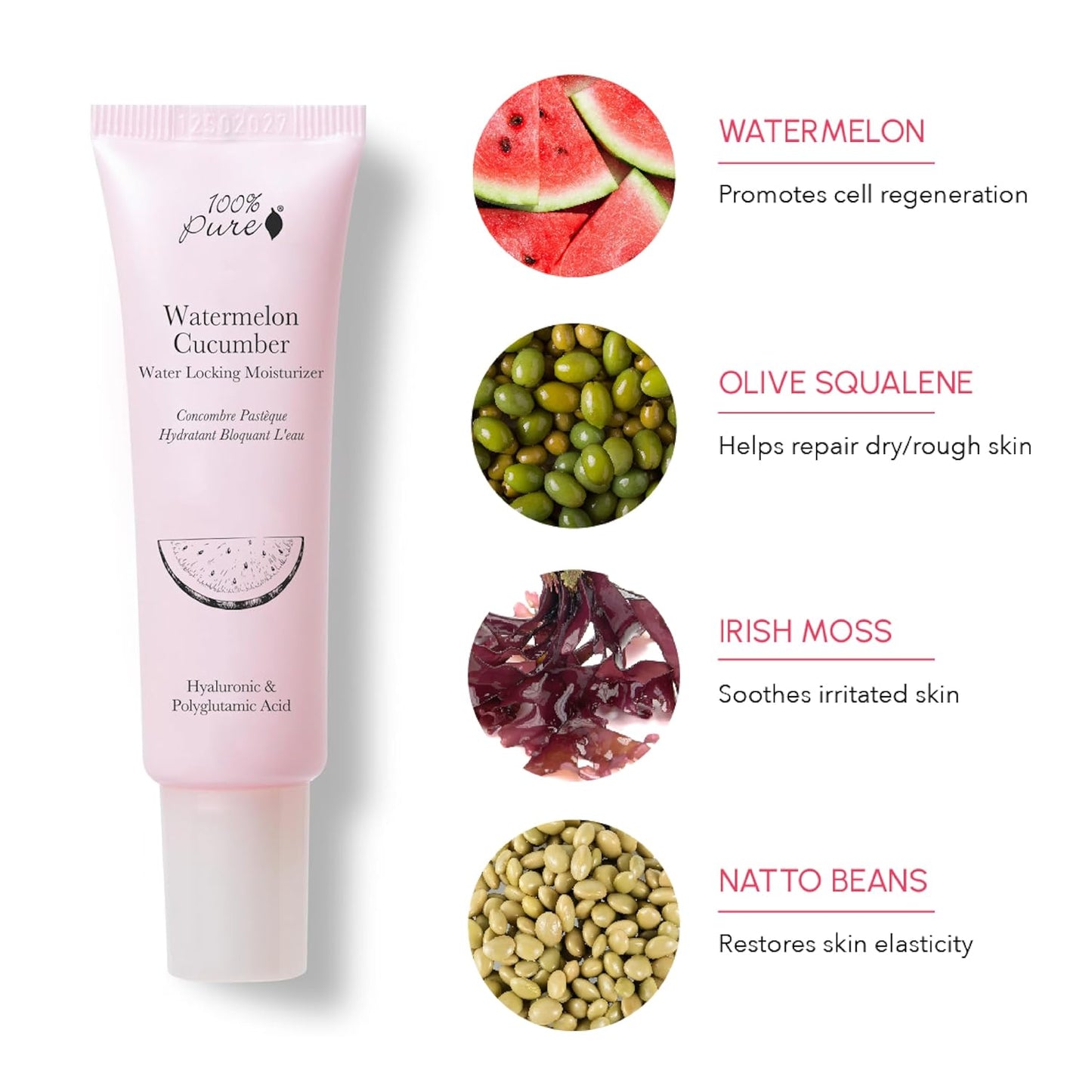 100% PURE Watermelon Cucumber Water Locking Moisturizer Natural Facial Hydration Boost with Hyaluronic Acid Replenishing Anti Aging Face Cream & Quenching Dry Skin Care Vegan - 1.4 fl oz