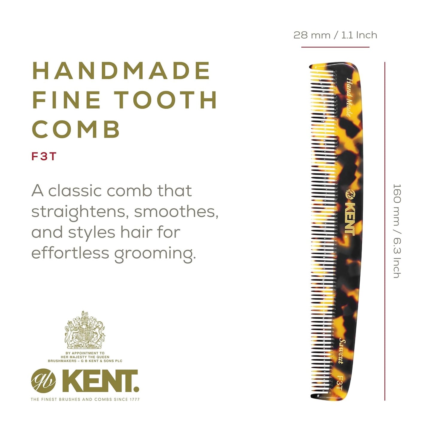 Kent F3TY Fine Tooth Comb - Hair Parting and Straightening Comb for Men's & Women's Dandruff Remover, Saw Cut and Hand Polished Made in England
