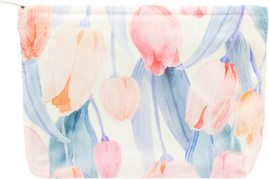 Floral Makeup Bag Large Cotton Zipper Pouch for Purse Travel Canvas Make Up Organizer for Women Cosmetic,Tulip Pink