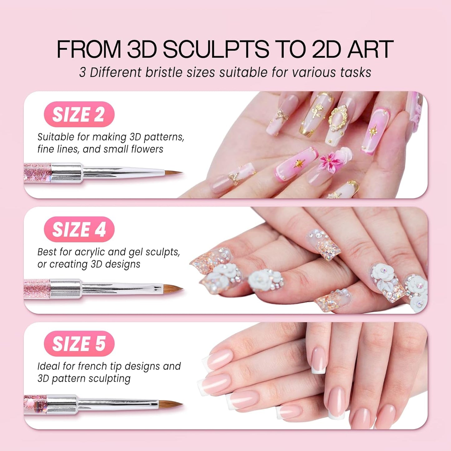 PANA 3D Kolinsky Nail Art Brush - Pink Glitter Handle, Size 4 - Acrylic Nail Art Sculpture Brush for Manicures Pedicure Salon Professional or Beginner