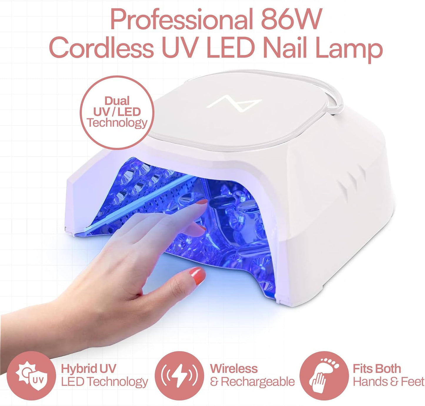 M - GlowPro Professional Hybrid 86W Wireless Rechargeable UV LED Nail Curing Lamp Cordless Nail Dryer for Gel Nails, Manicure, Pedicure (White)