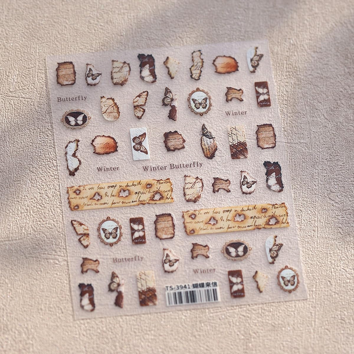 Winter Butterfly Nail Stickers for Nail Art Rustic Paper Nail Decals Vintage Stickers for Nails Designs Self Adhesive Nail Art Supplies & Decorations for Women Girls,1 Sheet DIY Manicure Decor