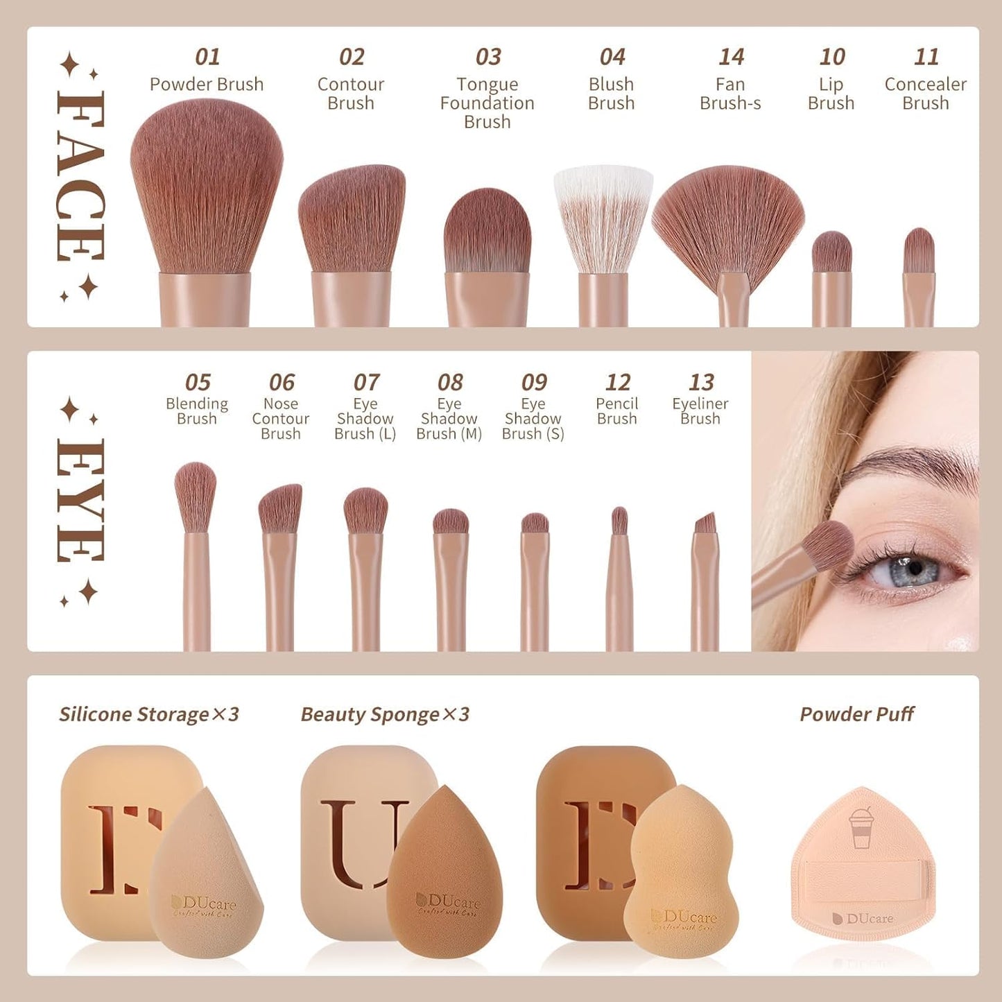 DUcare Makeup Brushes Set 14Pcs Coffee Series Makeup Brush set with Makeup Sponges Gifts Foundation Blending Face Powder Blush Eye Shadows Brushes