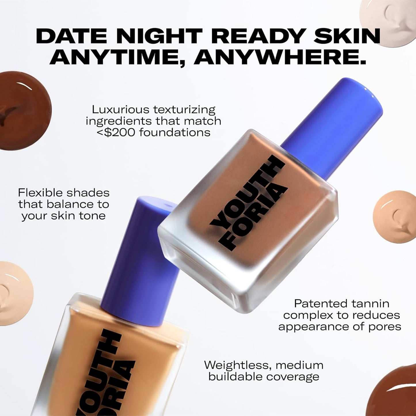 Youthforia Date Night Skin Tint Serum Foundation, Light-Medium Coverage, Hydrating Formula, Vegan & Cruelty-Free, 245 Light to Light Medium - Neutral