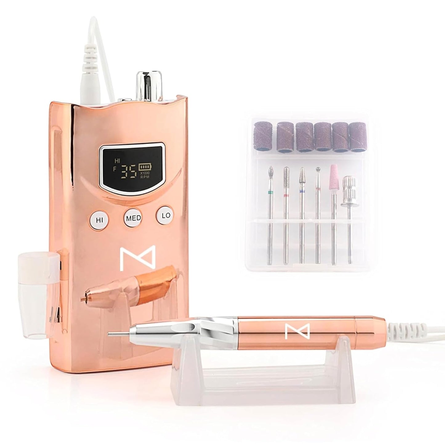 M GEM Brushless Nail Drill 35K RPM | Professional Cordless Efile Machine | Rechargeable Electric Nail File with Bits | Portable Quiet Low Vibration Tool for Acrylic, Gel, Natural Nails (Metallic RG)