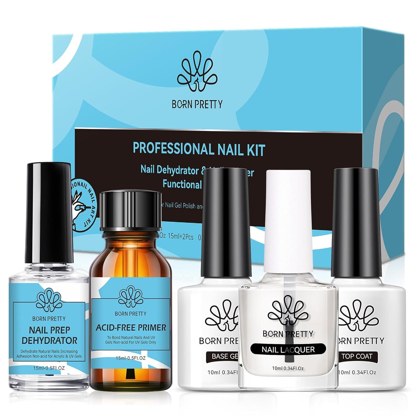 Born Pretty Nail Dehydrator and Primer, Nail Prep Dehydrator Acid Free Nail primer, Cuticle Oil for Nails, Base and Top Gel Coat Nail Supplies Functional Nail Set 5PCS