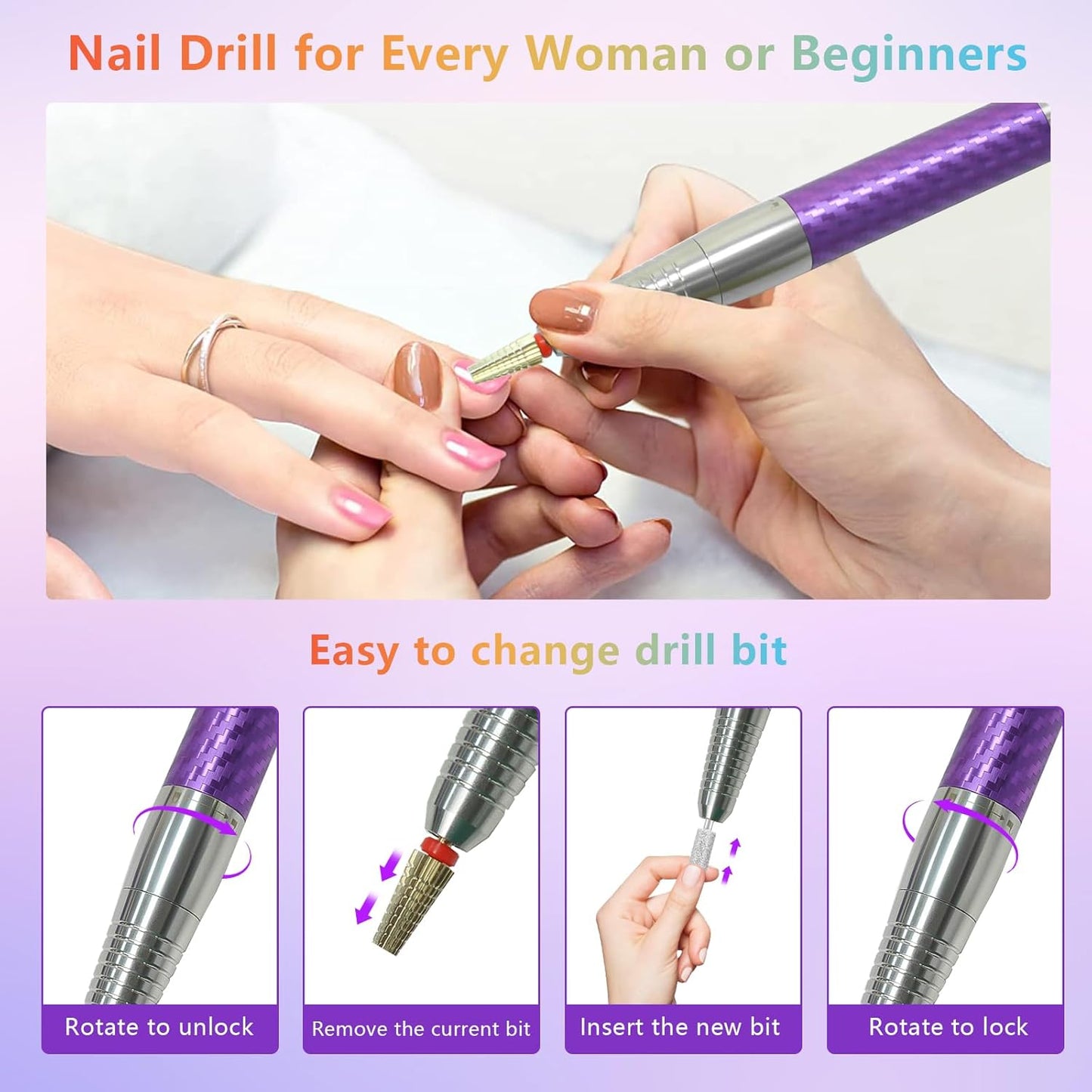BETE Professional Nail Drill Machine, 0-40000RPM Brushless Durable Electric Nail File for Acrylic Gel Nails, Rechargeable Nail Drill with Charging Base with 6pcs Drill Bits for Salon Home, Purple