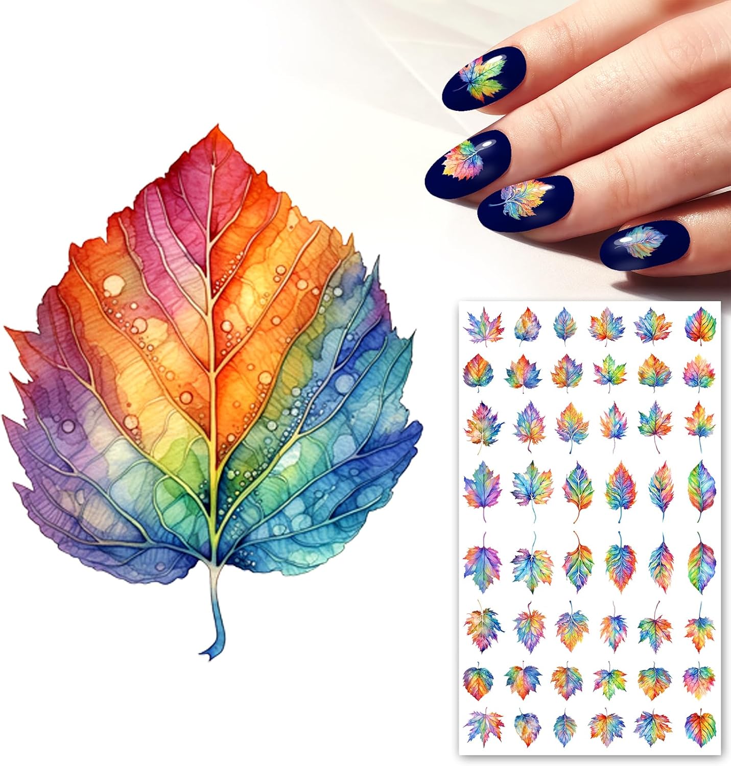 Nail Stickers Decals (5 Sheets) FLONZNAIL Gorgeous Watercolour Rainbow Leaves Vintage Styled Nail Decor