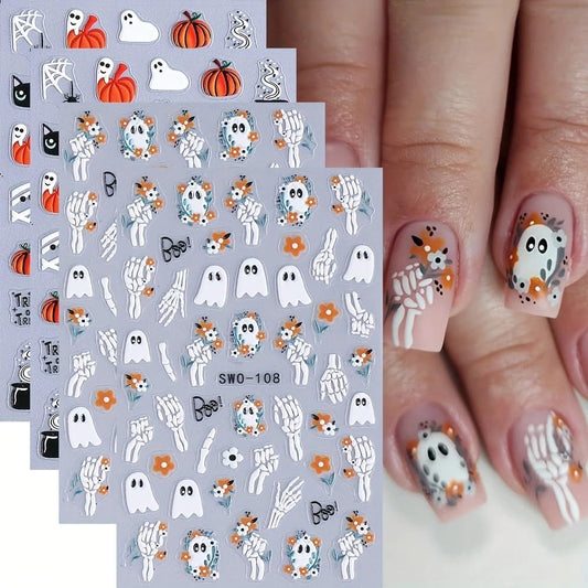 4 Sheets Halloween Nail Stickers for Nail Art Scary Black Cat Mummy Spider Web Nail Art Stickers 5D Spider Pumpkin Nail Decals Self-Adhesive Ghost Skeleton Nail Supplies for Women Nails Decoration