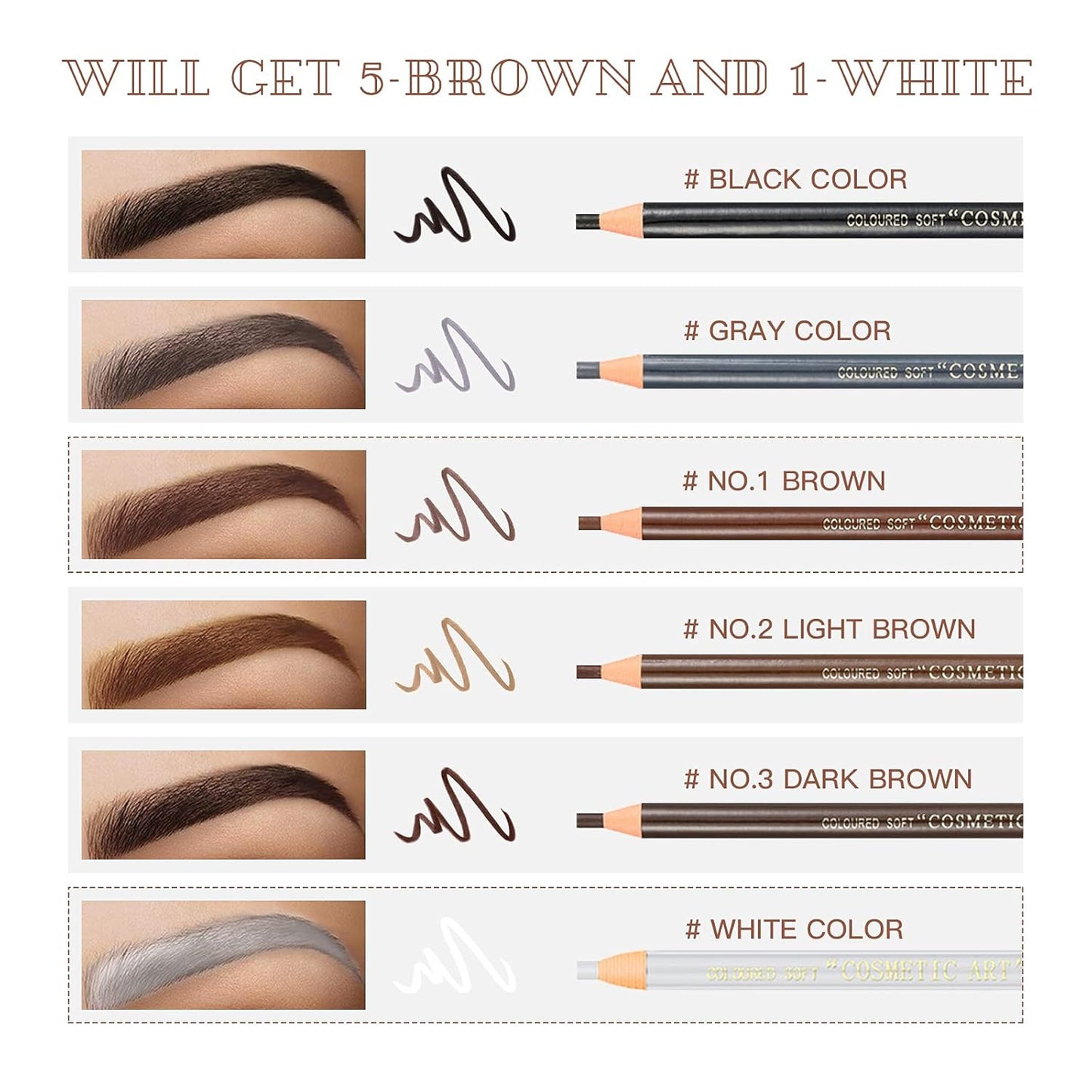 Waterproof Eye-Brow Pen-cil Set, Pull Cord Peel-off Eyebrow Pencil Microblading Pen Supplies Kit, White Eye-Liner Pencil and Eyebrows Tool Tattoo Makeup For Marking (5+1 Brown)