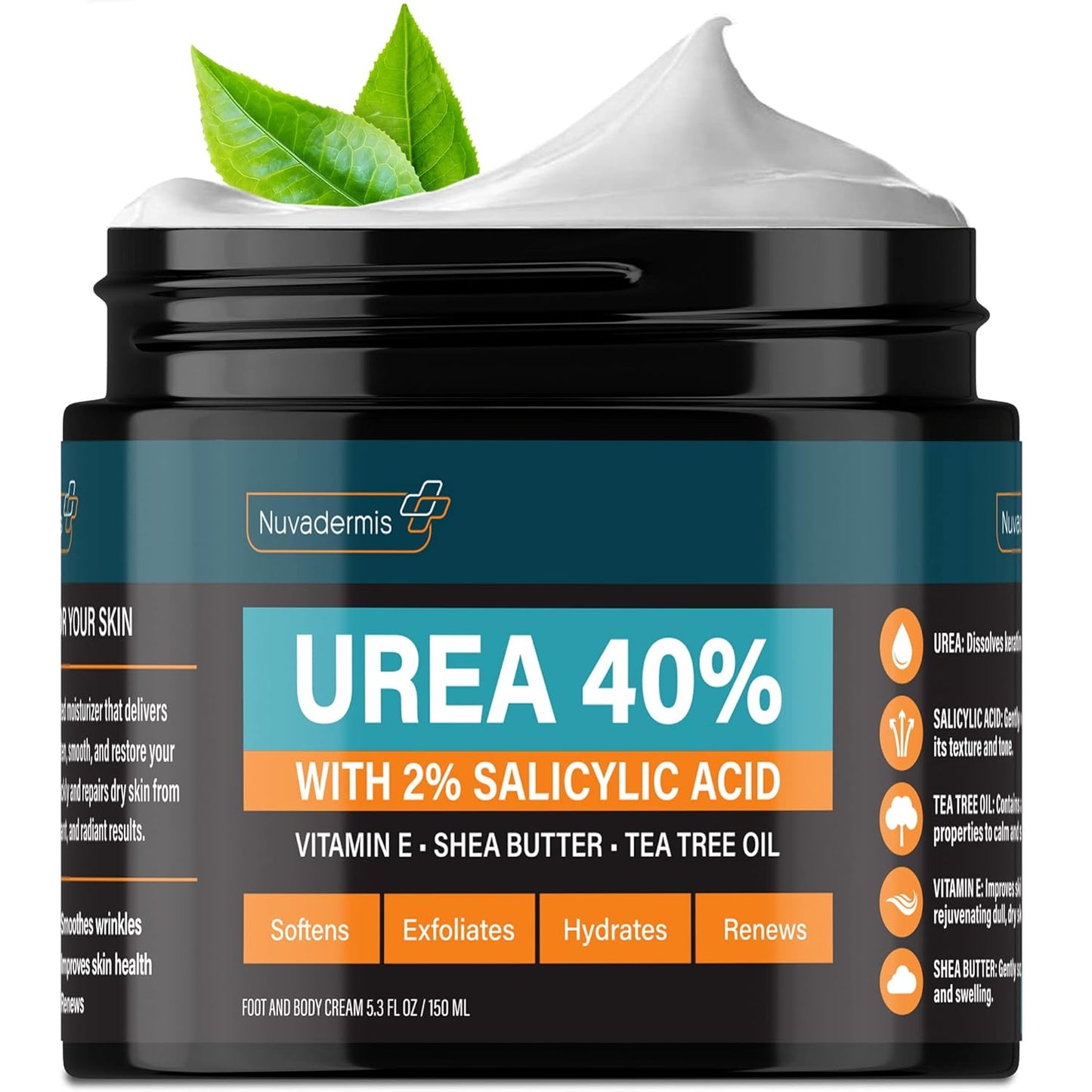 NUVADERMIS Urea Cream 40 Percent for Feet Maximum Strength - 40% Urea Foot Cream for Dry Cracked Heels and Feet - 2% Salicylic Acid, Shea Butter, Tea Tree Oil, Vitamin E - 5.3 fl oz