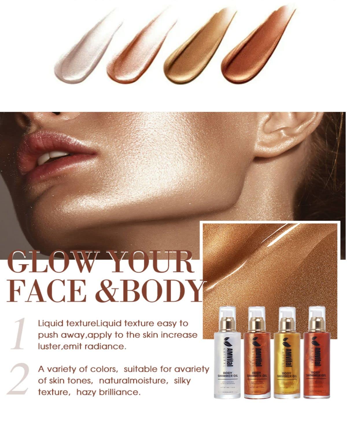 Shimmer Body Oil Rose Gold, Illuminator Highlighter for Face & Body Makeup Shine, Non-Sticky Body Moisturizing For All Skin Types, Fast Absorbing & lightweight Body Oil For Women