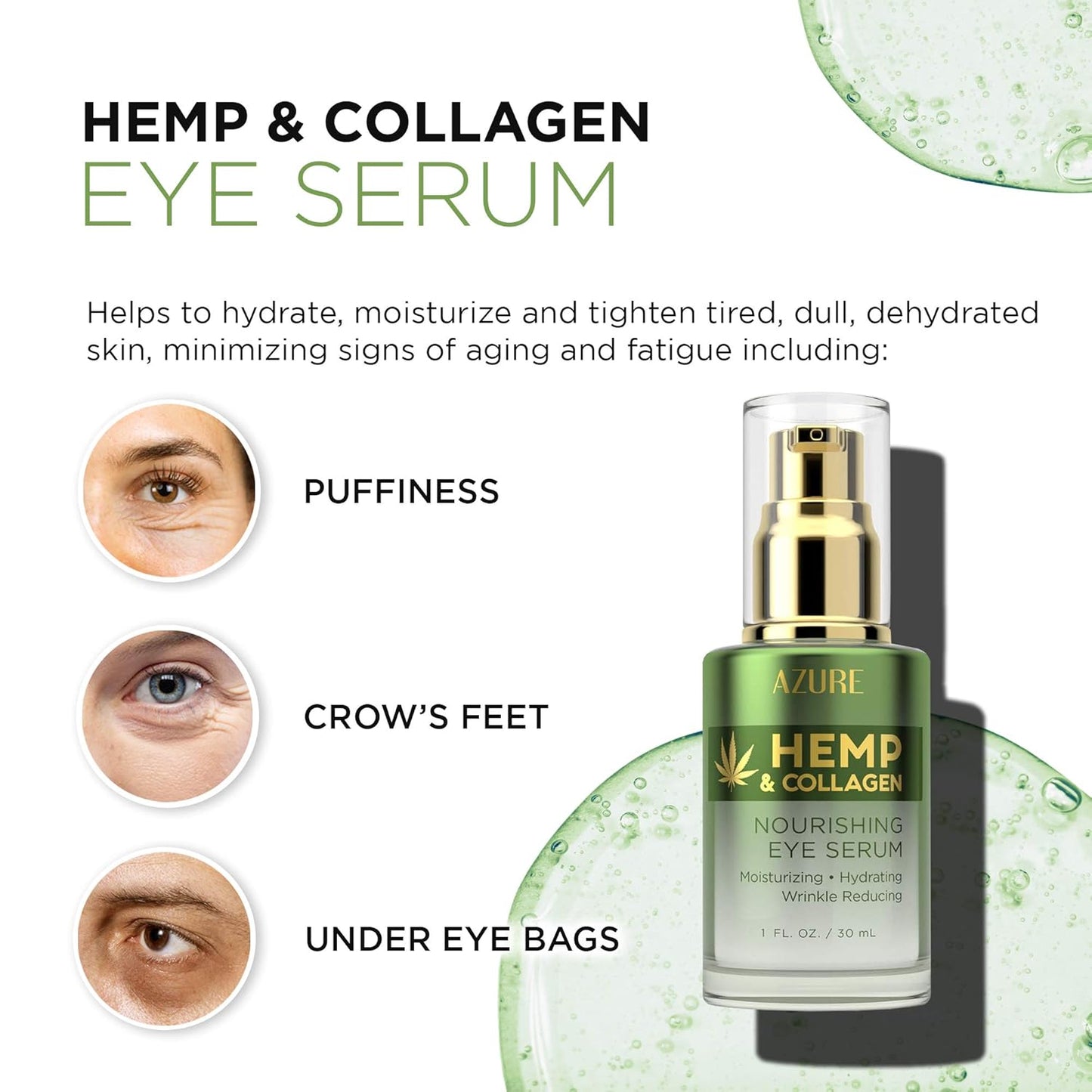 AZURE Hemp & Collagen Nourishing Eye Serum - Moisturizing, Firming & Toning | Reduces Wrinkles, Fine Lines & Under Eye Bags | Restores Tired, Dehydrated Skin | Made in Korea - 30mL / 1 fl.oz.