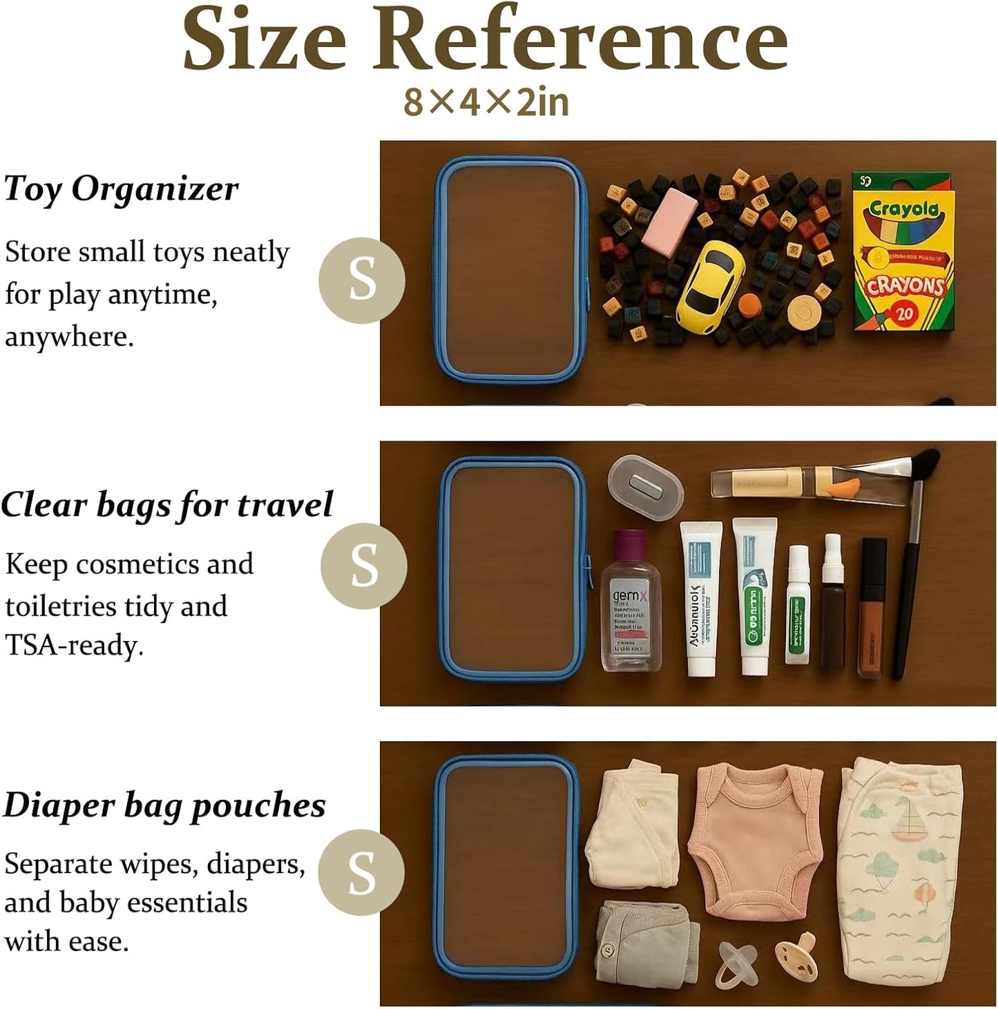 4 pcs Clear Zipper Pouches,Hard Shell Zipper Case, Toiletry Bag for Travel, CLear Diaper Bag, Toiletry Pouch, Travel Organizer, Clear Cosmetic Bag,Toy Storage Bins (M+3S) (Blue)