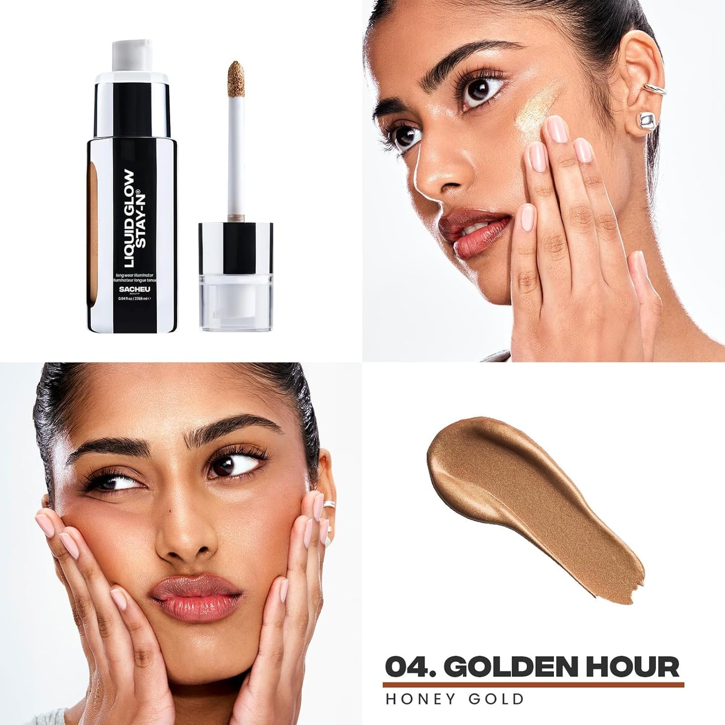 Sacheu Liquid Glow STAY-N Liquid Highlighter & Illuminator Makeup — 30ml Long Lasting Luminous Glow Lightweight Dewy Finish, Golden Hour