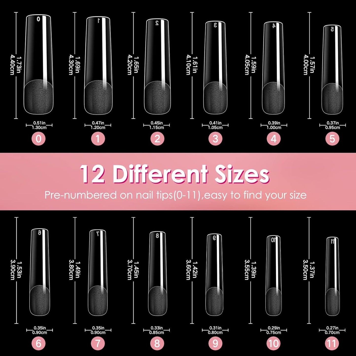 Ranrose Long Straight Nails Tips,240PCS Full Cover Soft Gel Nail Tips for Acrylic Nails Professional 12 Size Pre-shaped XXL Straight Shape False Nail Half Matte Fake Nail for Press On Nail Extensions