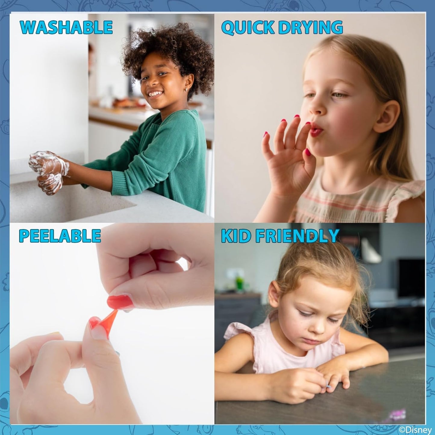 Townley Girl Disney Stitch 16 Piece Water-Based Nail Polish with Nail Dryer, Peel-Off Nail Polish with Water, Shimmer and Opaques Colors, AA Batteries Not Included, Ages 3