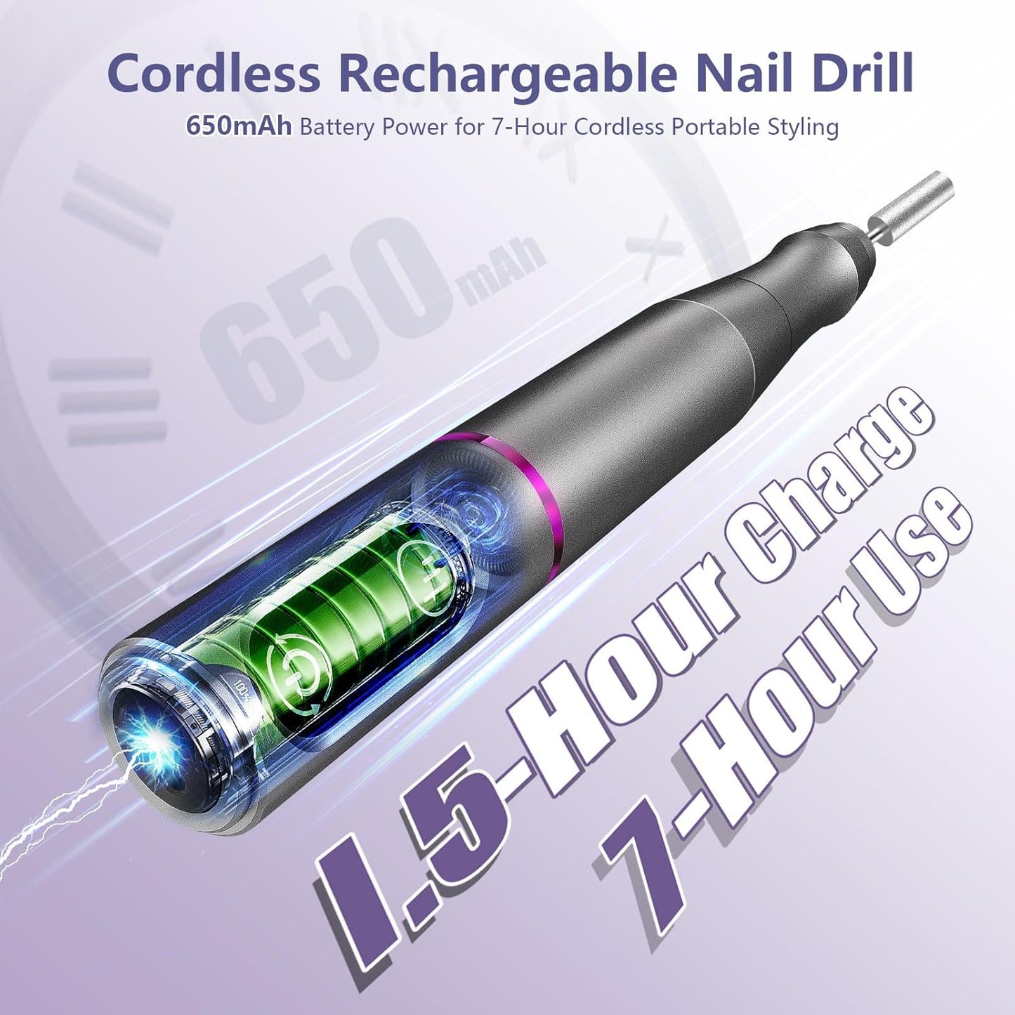 Cordless Nail Drill Electric Rechargeable File Kit, Professional Efile Acrylic Gel Nail Polish Remover Pedicure Manicure Machine Portable Set with 11 Bits 56 Sanding Bands for Salon Home Gray