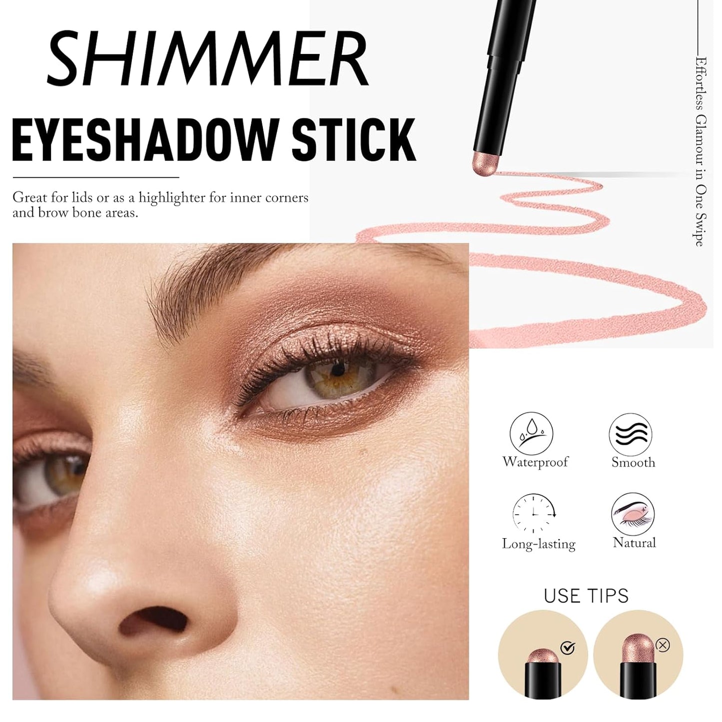 Rose Gold Shimmer Eyeshadow Stick, Waterproof Cream Eye Shadow Pencil Long-Lasting Crease-Proof Glitter Eyeshadow Crayon Smooth High Pigmented Highlighter Neutral Eye Shadow Liner Makeup