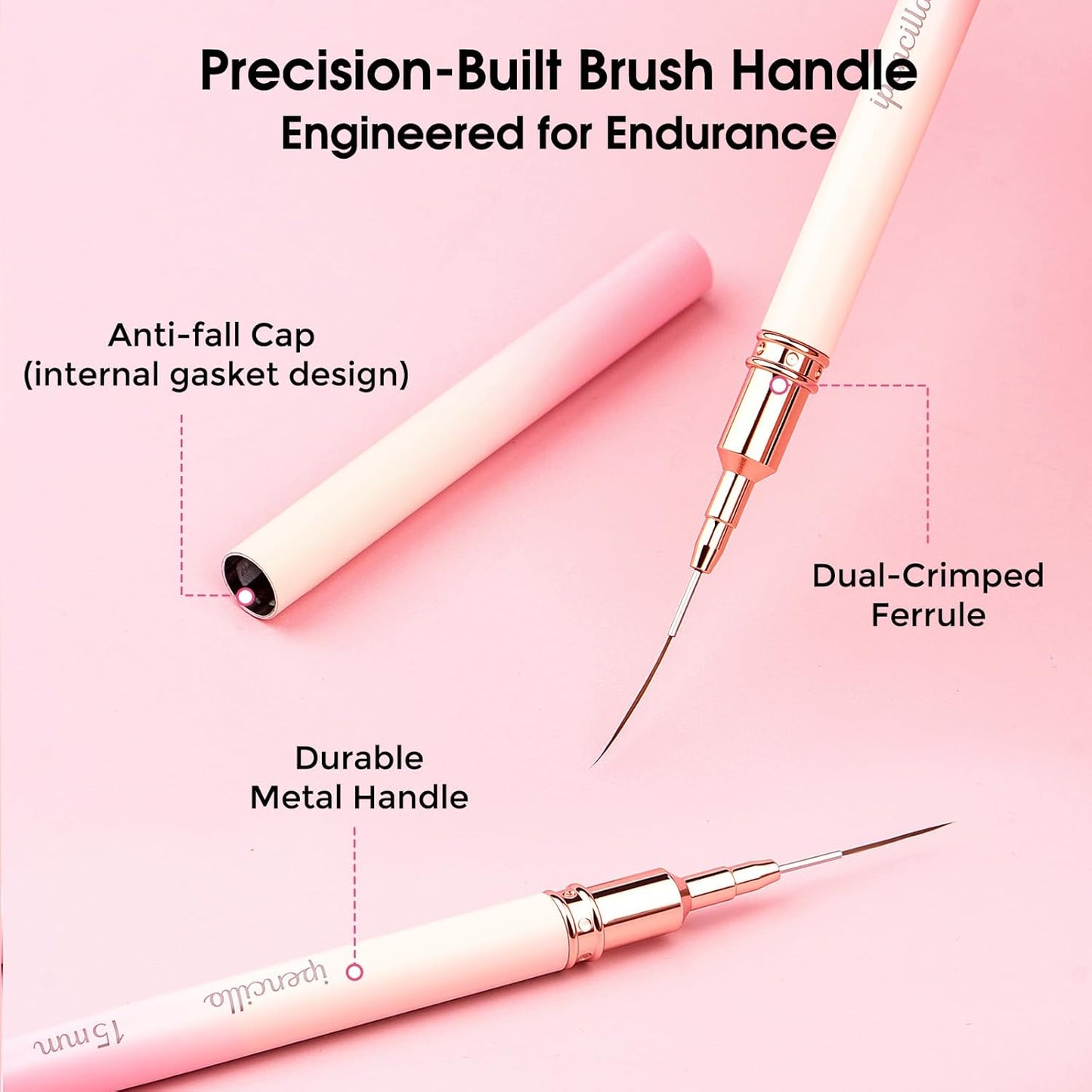 Nail Art Brushes, 6 Pcs Nail Liner Brushes for Nails, Nail Brushes for Nail Art Lines, Details, Edge and Plaid, Nail Art Brushes with Cap, Thin Liner Brushes Sizes 6/9/12/15/18/25 mm, Pink