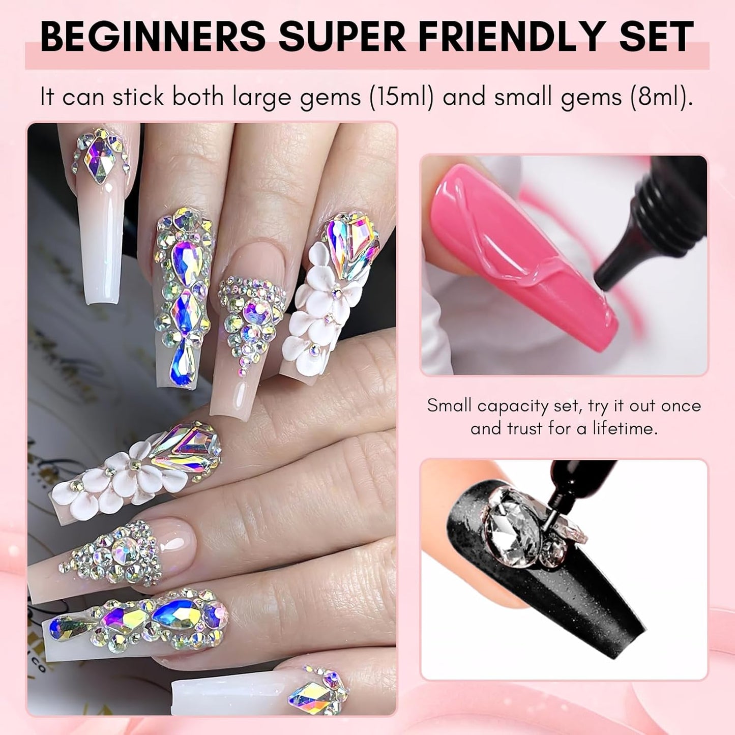 Makartt Nail Rhinestone Glue Set - Gel Nail Glue for Rhinestones, 3D Art Design Super Strong Adhesive for Charm Gems Jewel Crystal Beads Diamonds, 15ml & 8ml, Easy Use, Cured Need