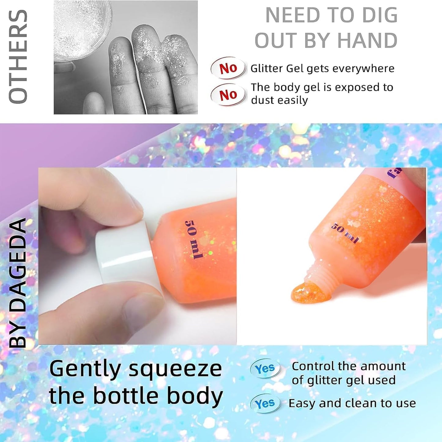 DAGEDA Body Glitter Gel, Face Glitters Body Gel Sequins Shimmer Liquid Eyeshadow, Chunky Glitter for Face Hair Nails, Holographic Cosmetic Laser Powder Festival Glitter Makeup 1.7oz (Coral)