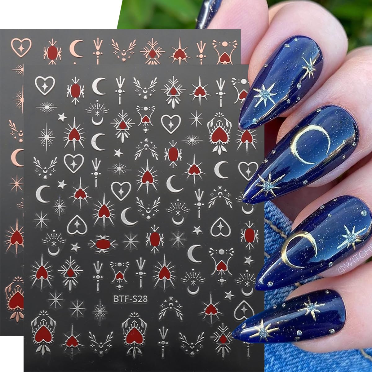 8 Sheets Metallic Nail Art Stickers Bronzing Star Moon Nail Decals 3D Self-Adhesive Gold Silver Nail Art with Heart Charms Design Moon Star Nail Stickers for Women Manicure Decoration Accessories