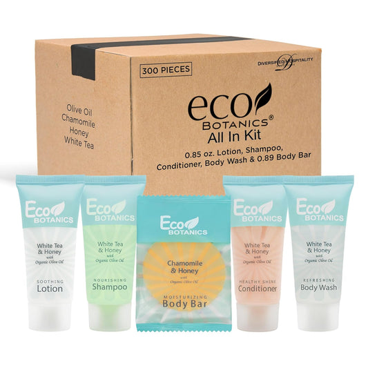Eco Botanics Hotel Soaps & Toiletries Bulk Set | 0.85oz Hotel Shampoo & Conditioner, Body Wash, Body Lotion & Bar Soap Travel Size | 300 Pieces