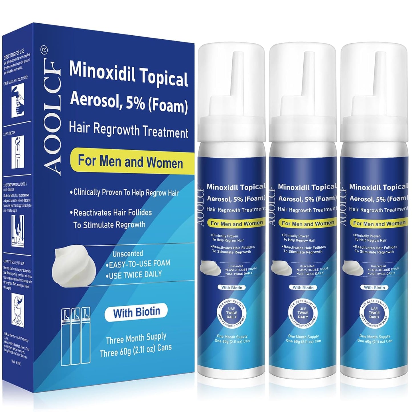 5% Topical Minoxidil Foam, Minoxidil for Men and Women, Infused with Biotin, Hair Growth Treatment, Supports Thicker and Fuller Hair & Beard (Minoxidil Foam, 6.33oz, 3 Month Supply)
