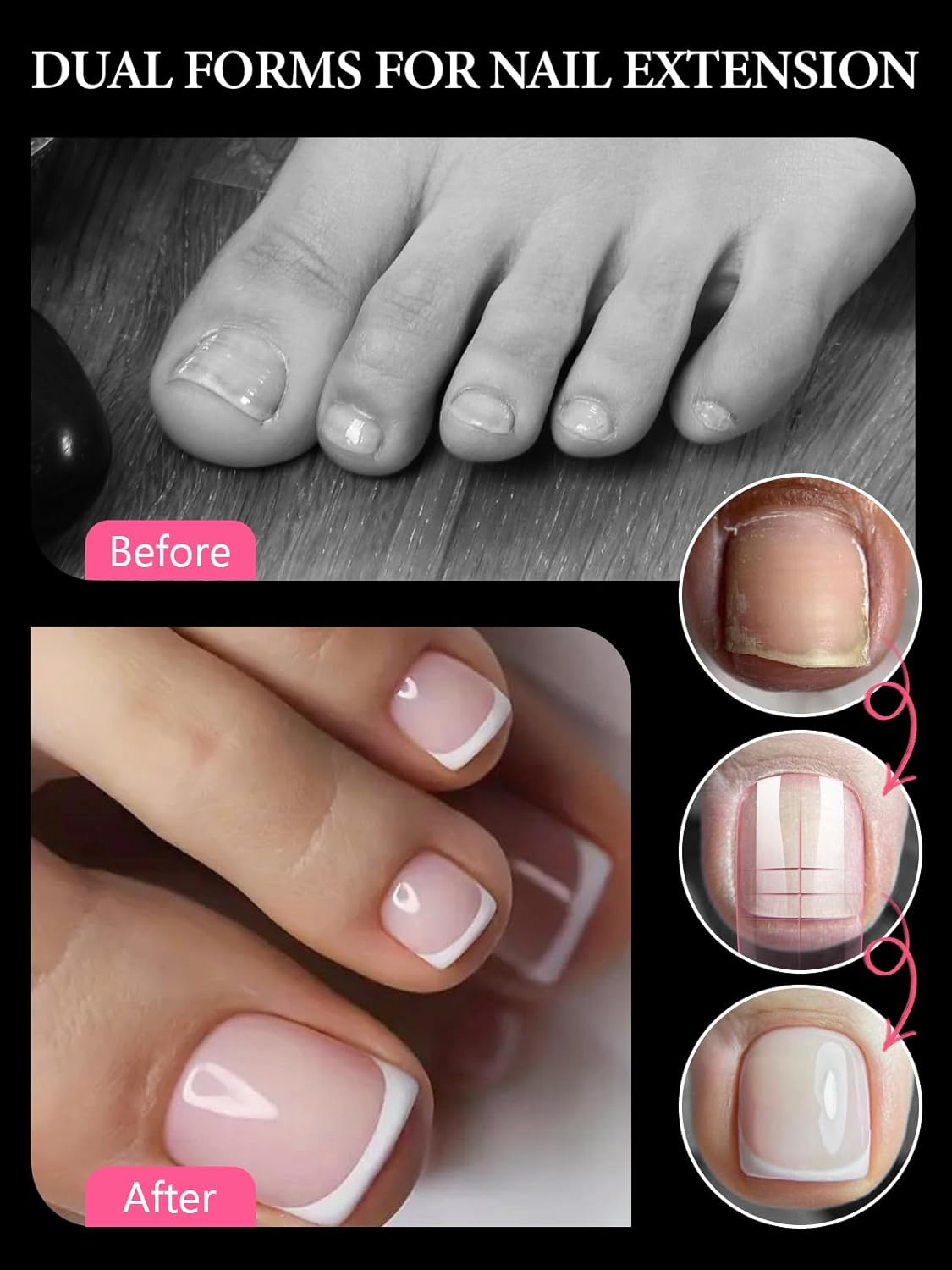 TOROKOM Toe Nail Forms for Poly Extension Gel, 300 Pcs Pink Toenail Dual Forms Reusable Full Cover Molds for Poly Gel French Tip Acrylic Toenails Pedicure for Salon & DIY at Home 15 Sizes