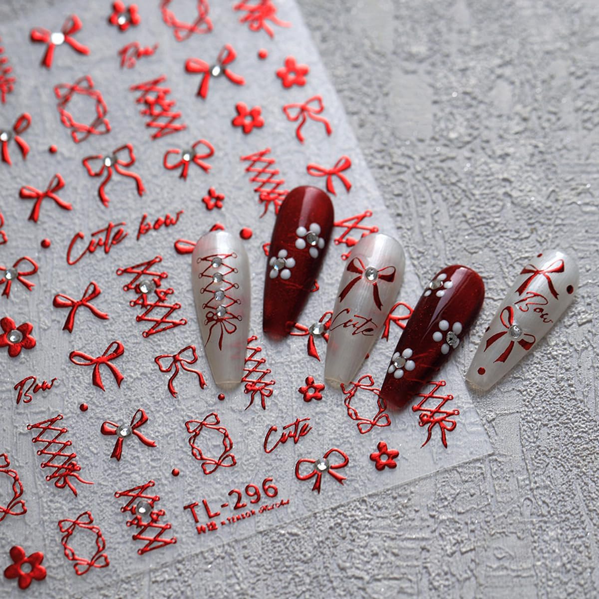 5D Embossed Red Bows Nail Stickers, Nail Art Sticker with Crystal Rhinestones Self-Adhesive Nail Decals for Women Nail Supplies Art Design Stickers (1, Red)