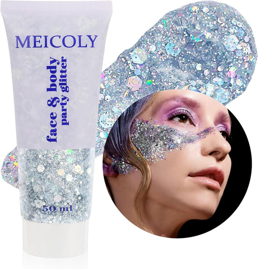 MEICOLY Silver Body Glitter,Chunky Silver Face Hair Glitter,Silver Glitter Makeup for Eyes,Sparkle Face Paint for Women and Kids,Music Festival Party Accessories
