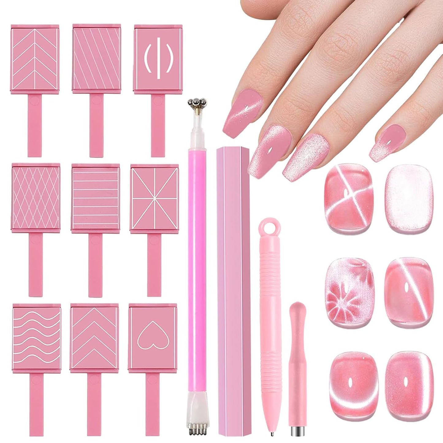 13pcs Pink Cateye Magnet for Nails Double-Ended Hexagon Nail Magnet Stick Flower Cat Eye Magnetic Pen 9 Stripe Nail Magnet Plates for Cat Eye Gel Nail Polish