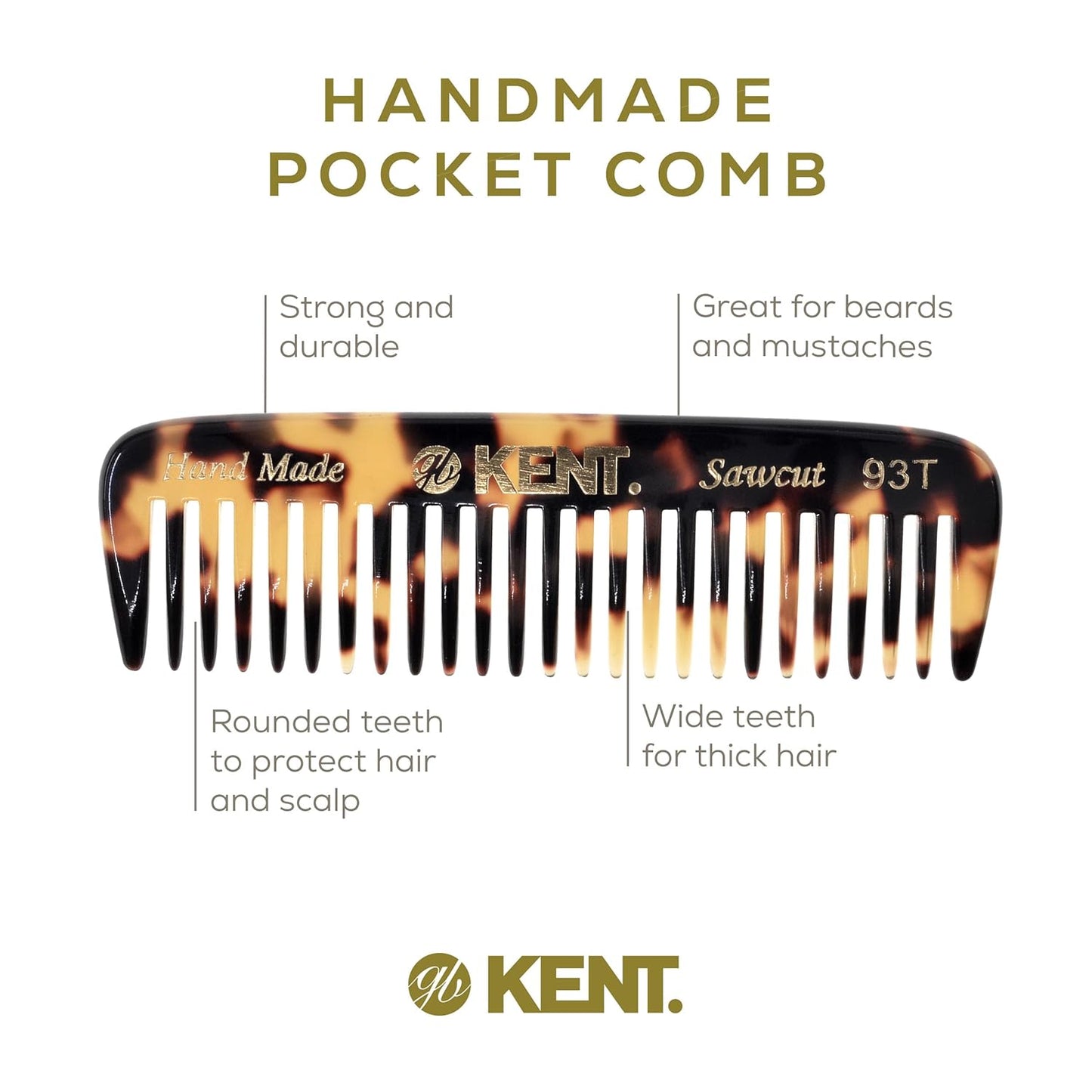 Kent 93T Tokyo White Beard Comb for Men - Wide Tooth Men's Comb, Ideal For Mustaches and Beards and Facial Hair, Small Pocket Sized Travel Detangler Combs, Saw-Cut, Hand Polished, Made in England