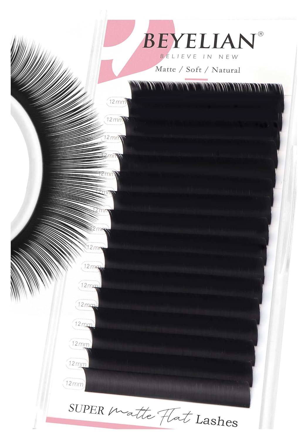 BEYELIAN Ellipse Flat Lash Extension 16 Rows 0.15 C Curl 12mm Single Length Tray Flat Eyelash Extension Matte Black Classic Lash Extensions Professional Supplies