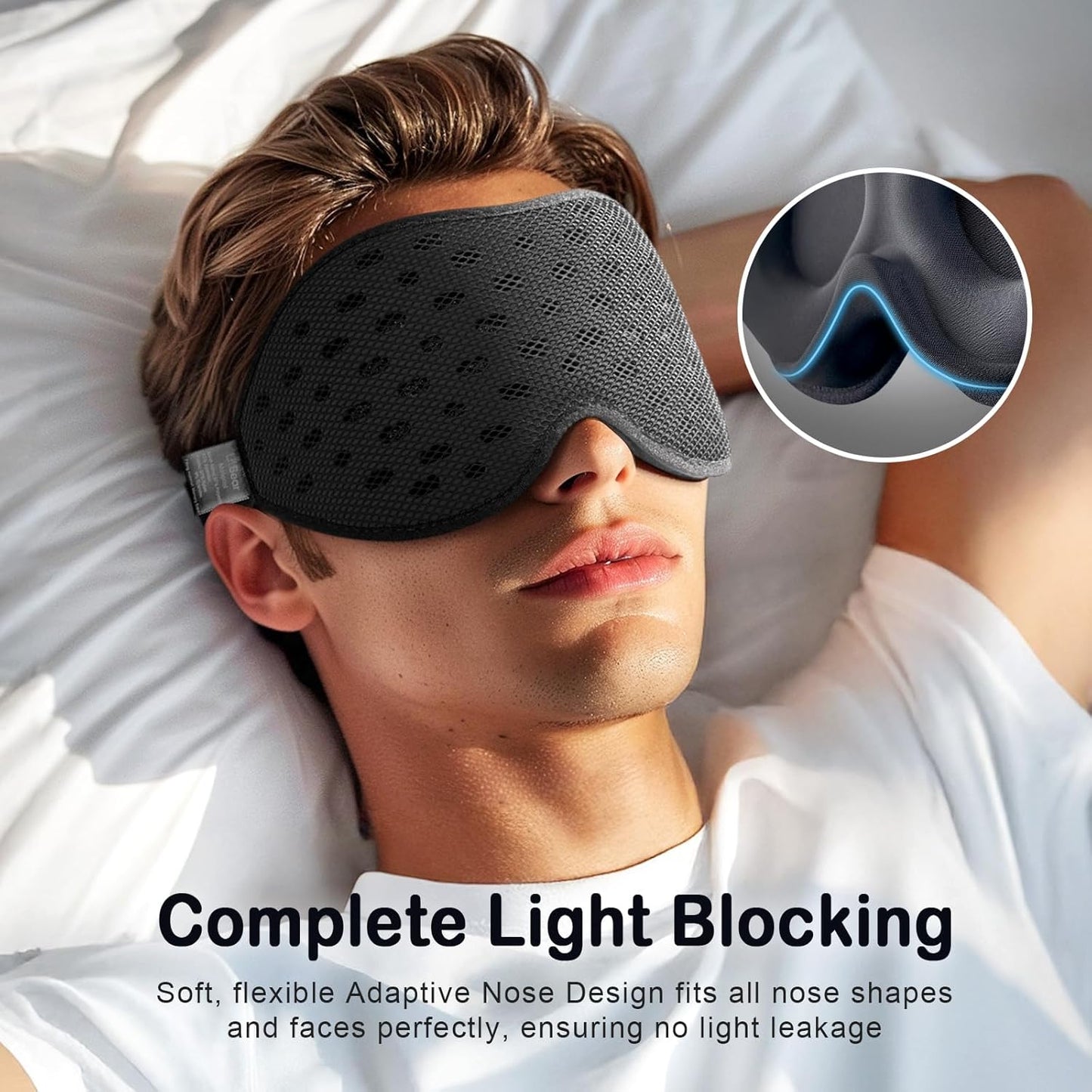 LitBear Breathable Sleep Mask, 3D Eye Mak Sleep for Side Sleepers Women Men, Light Blocking Sleeping Mask with Adjustable Strap, Soft Lightweight Eye Cover for Travel, Night Work, Nap, Office - Black